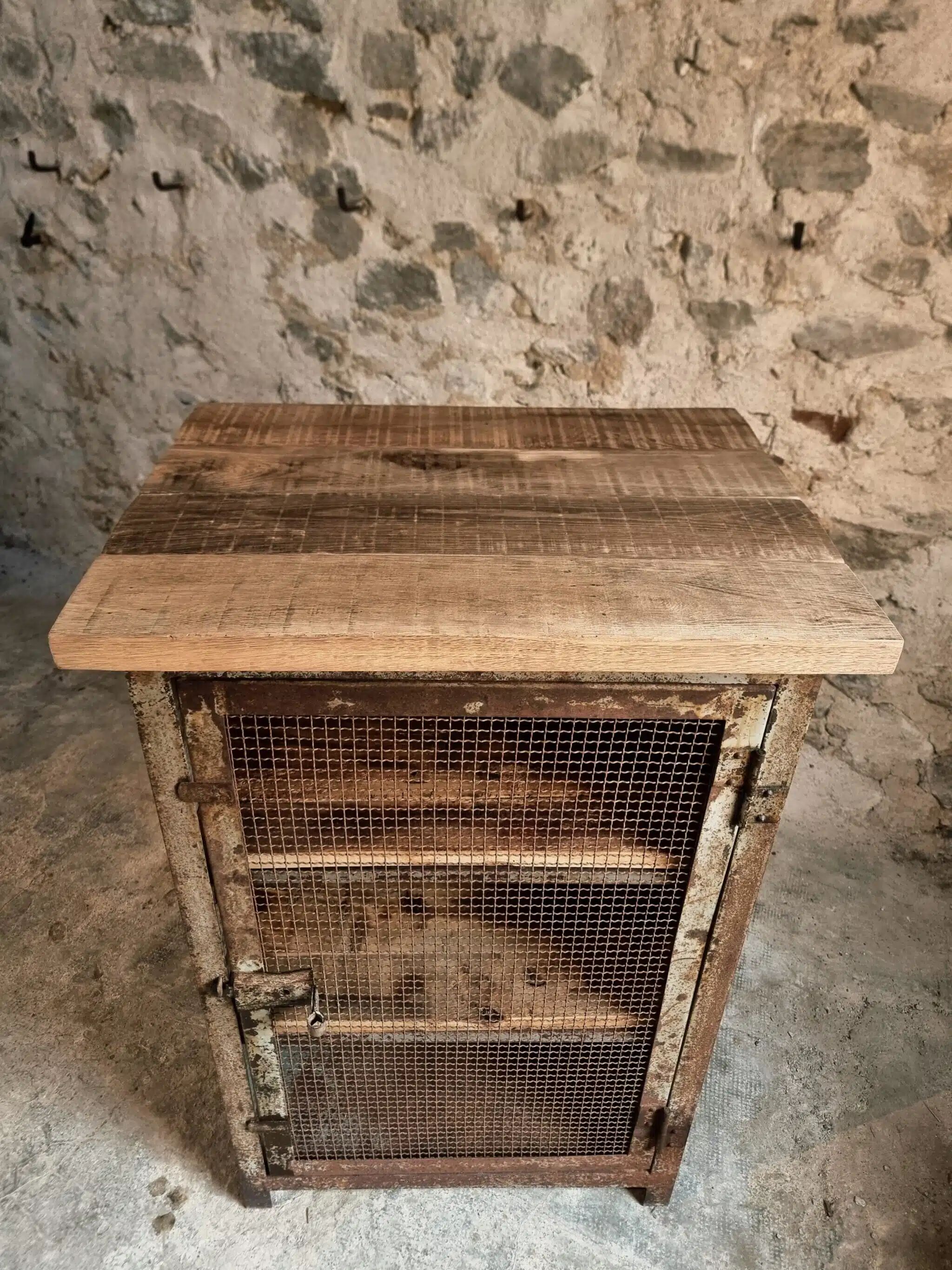 Rare French industrial military cabinet – Air Ministry, 1956 – Metal storage with oak top and wooden shelves