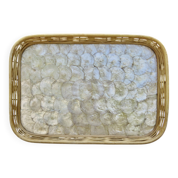 Old tray in woven rattan and mother-of-pearl, 1980s, vintage