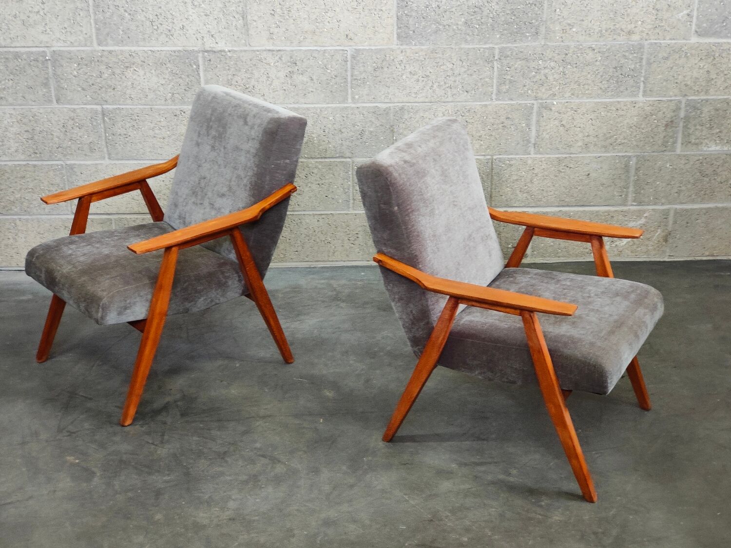 Pair of armchairs czechoslovakian midcentury renovated gray velvet