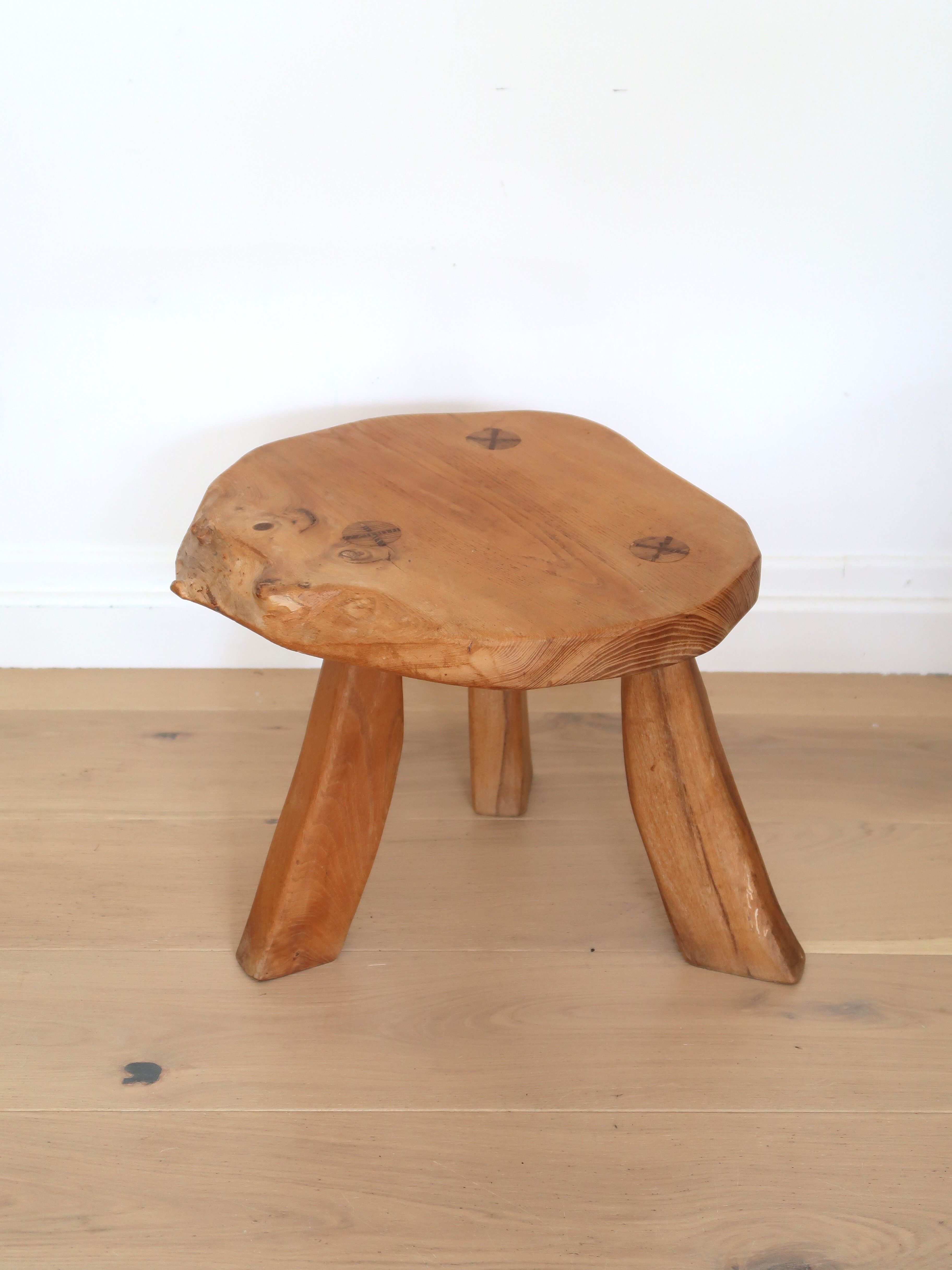 Brutalist solid wood tripod stool vintage