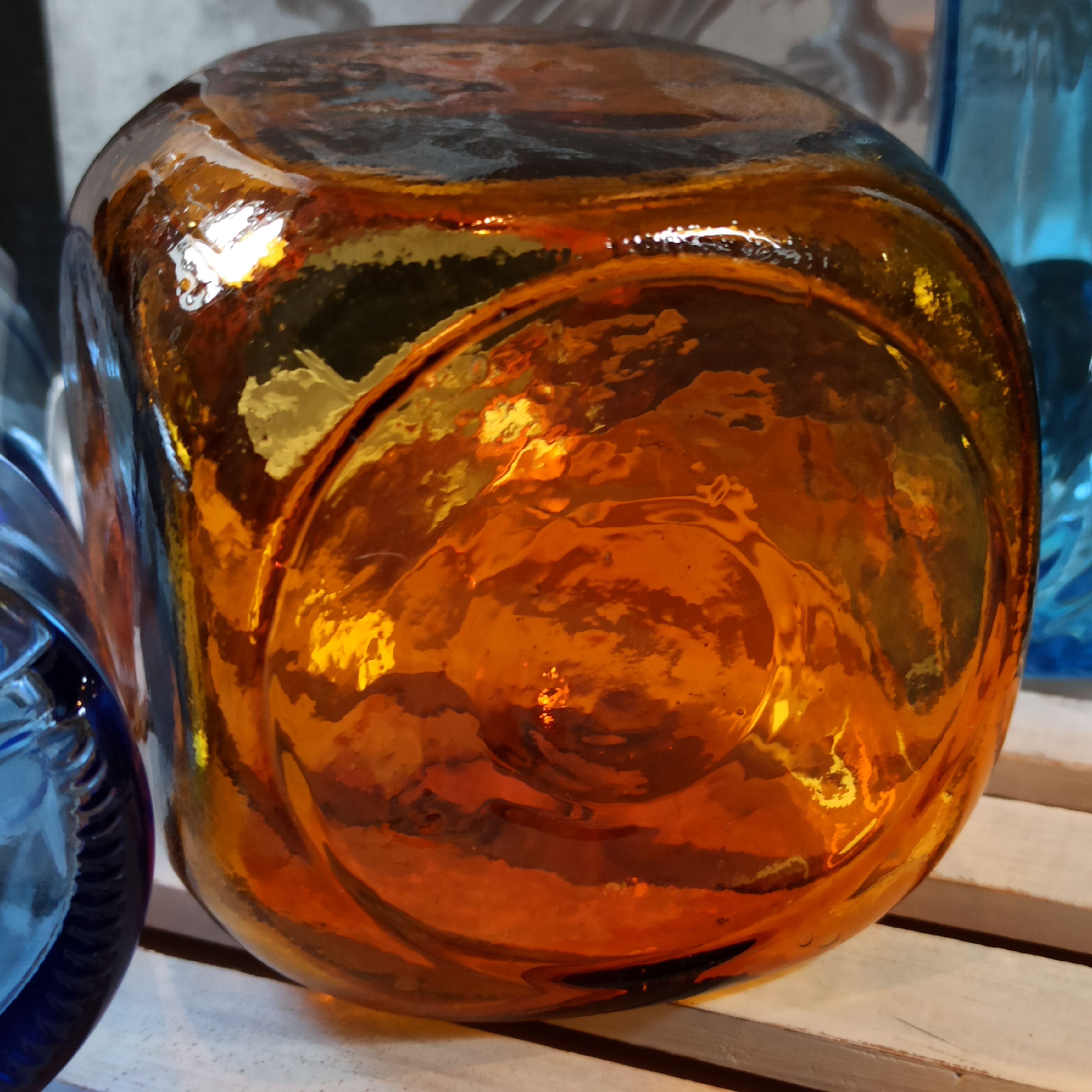 Trio vintage vase bottle and jar in amber and blue glass