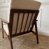 Scandinavian style armchair in wood and ecru fabric, 1950-1960