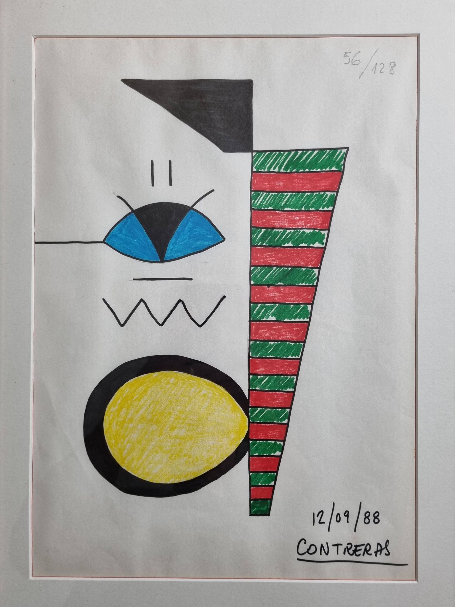 Abstract composition, original drawing signed Contreras, 1980s, 32 x 42 cm framed under glass