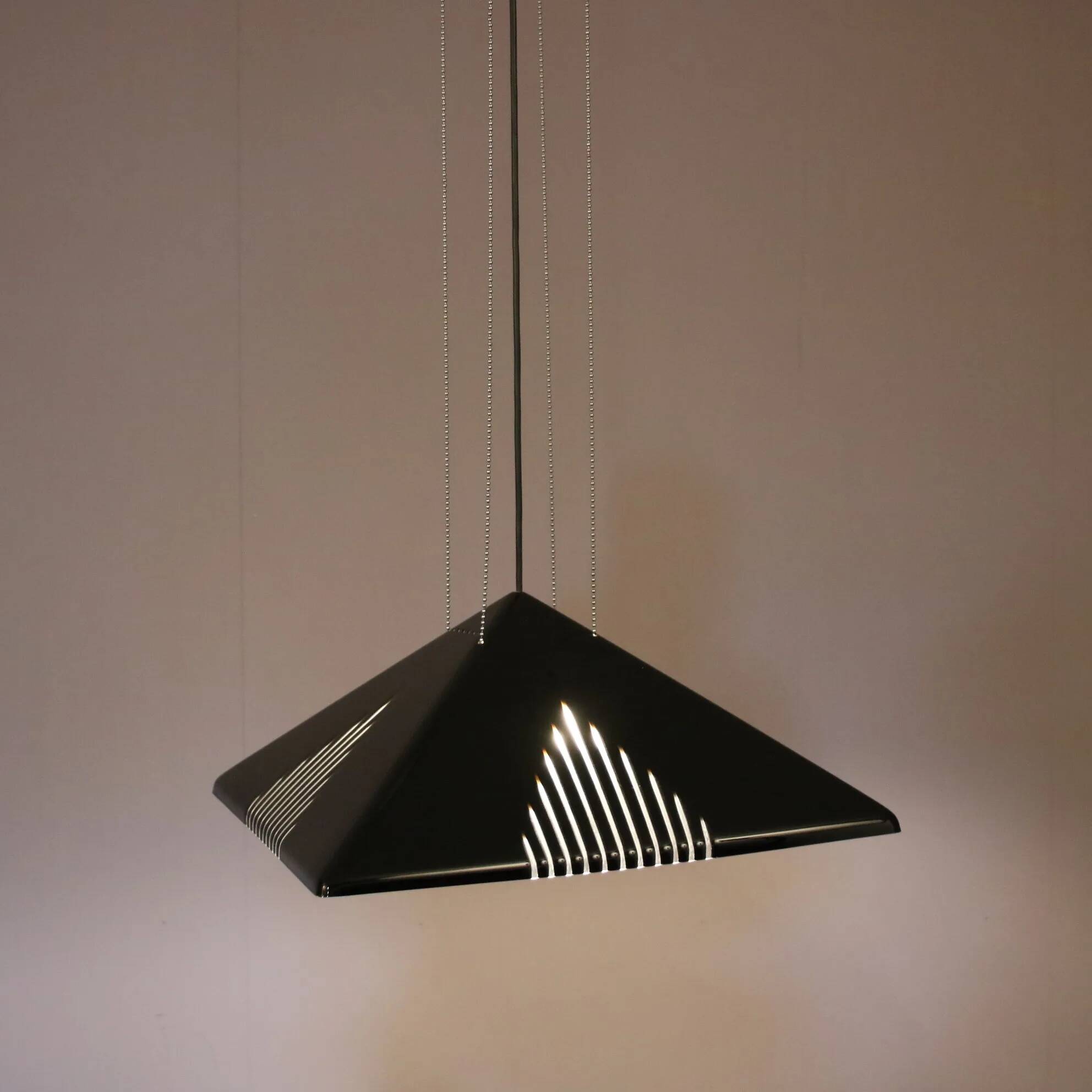 Black plexiglass pendant lamp from the 1980s, mounted on chains, originating from Italy.
