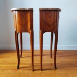 Pair of Louis XV style bedside tables with marquetry and marble.