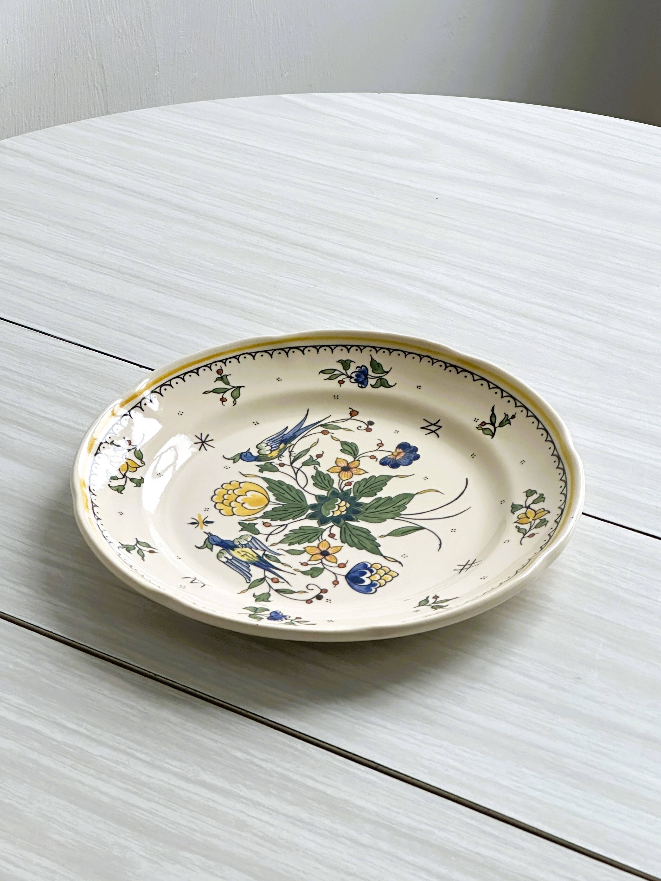 Earthenware plate, hand-painted floral and bird motif