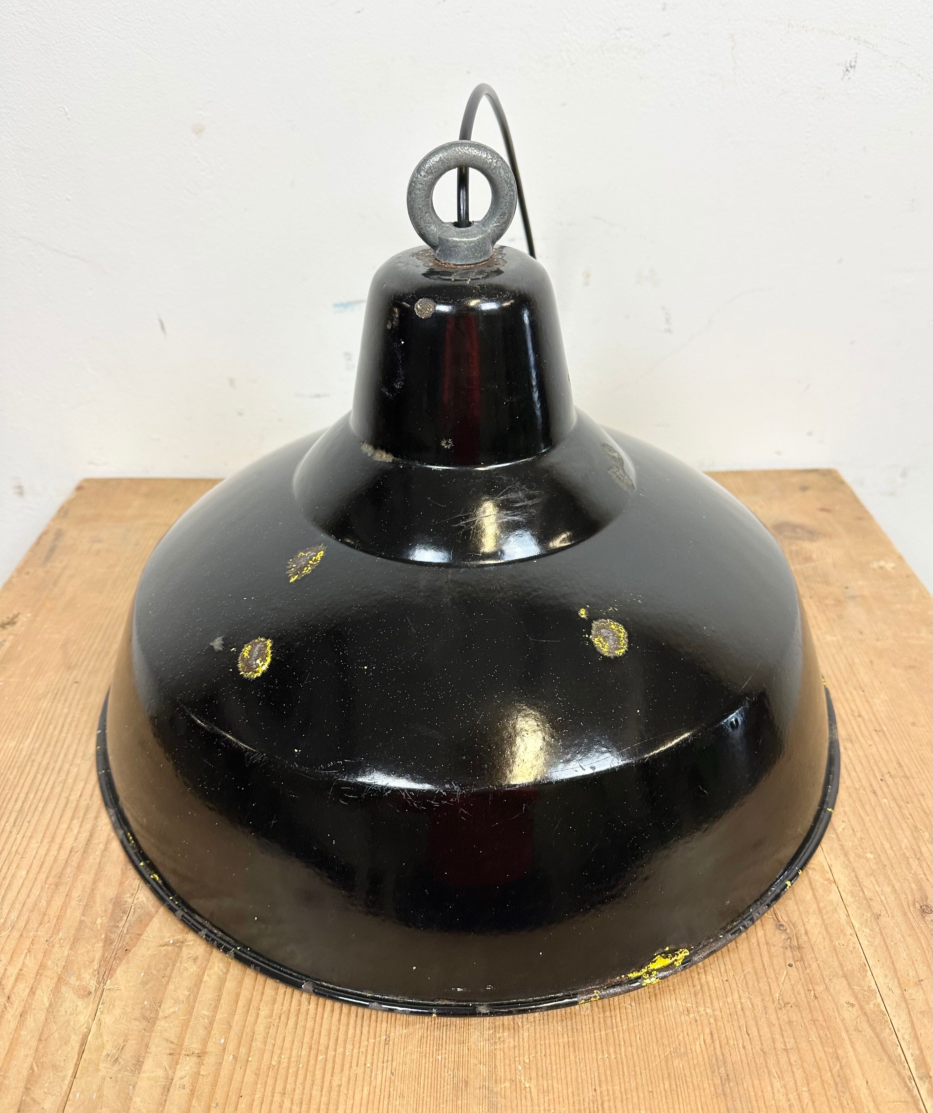 Industrial black enamel factory lamp with iron top, 1960s