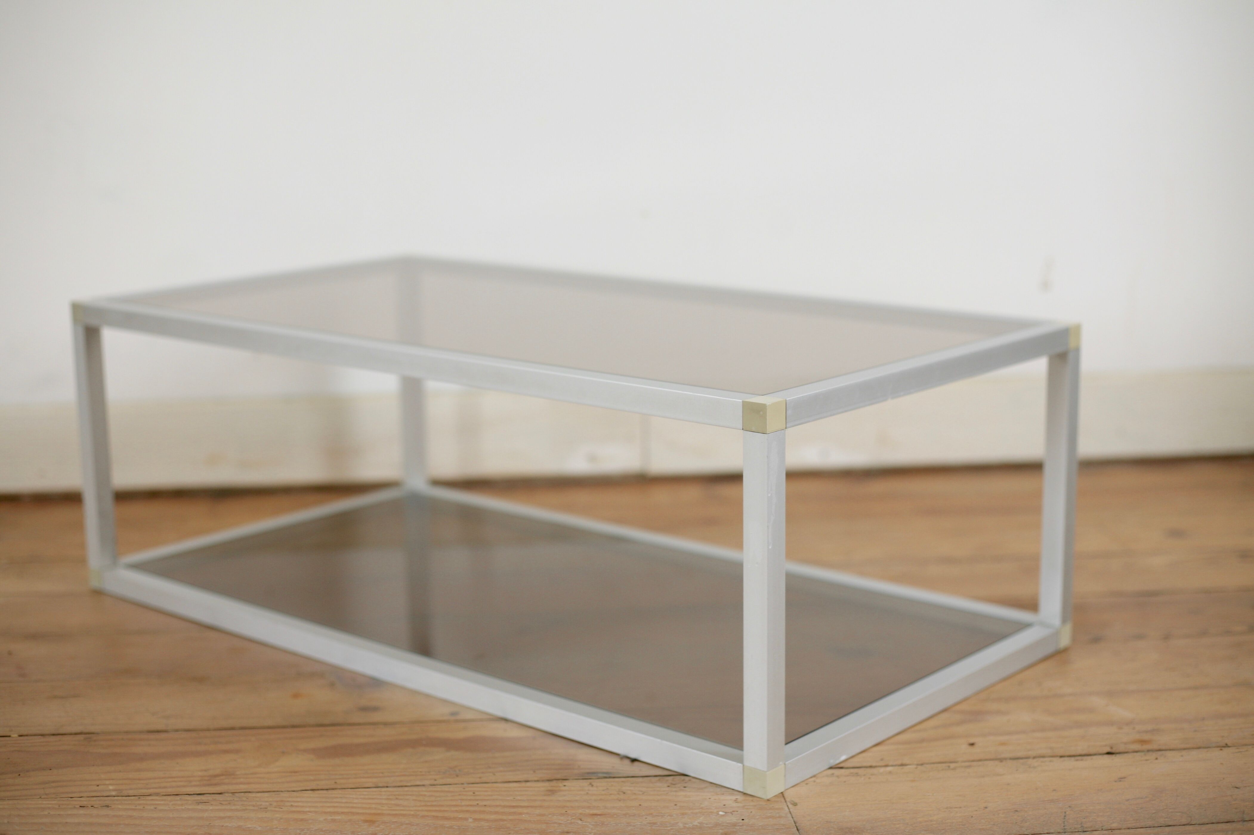 Aluminium coffee table and smoked glasses, France, circa 1980