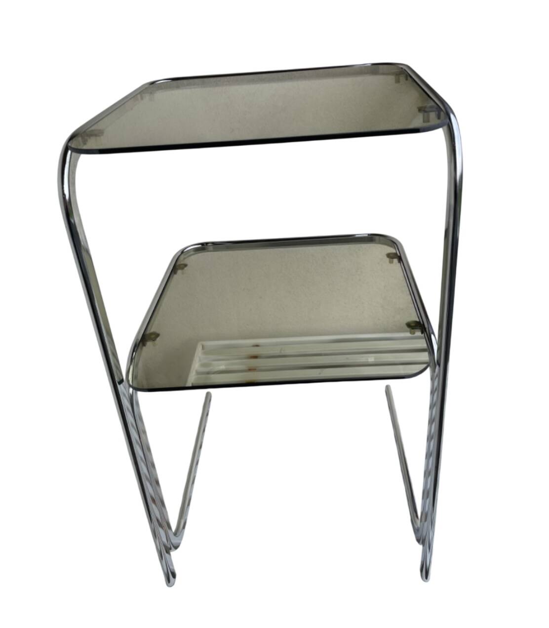 Vintage 1970s side table in smoked glass and chrome.