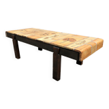 Vintage ceramic coffee table with herbarium decorations by Roger Capron, solid beech base.