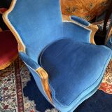 Pair of Louis XV style blue velvet bergère armchairs