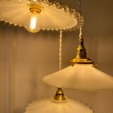 Three-light cascading pendant lamp with vintage white opaline lampshade