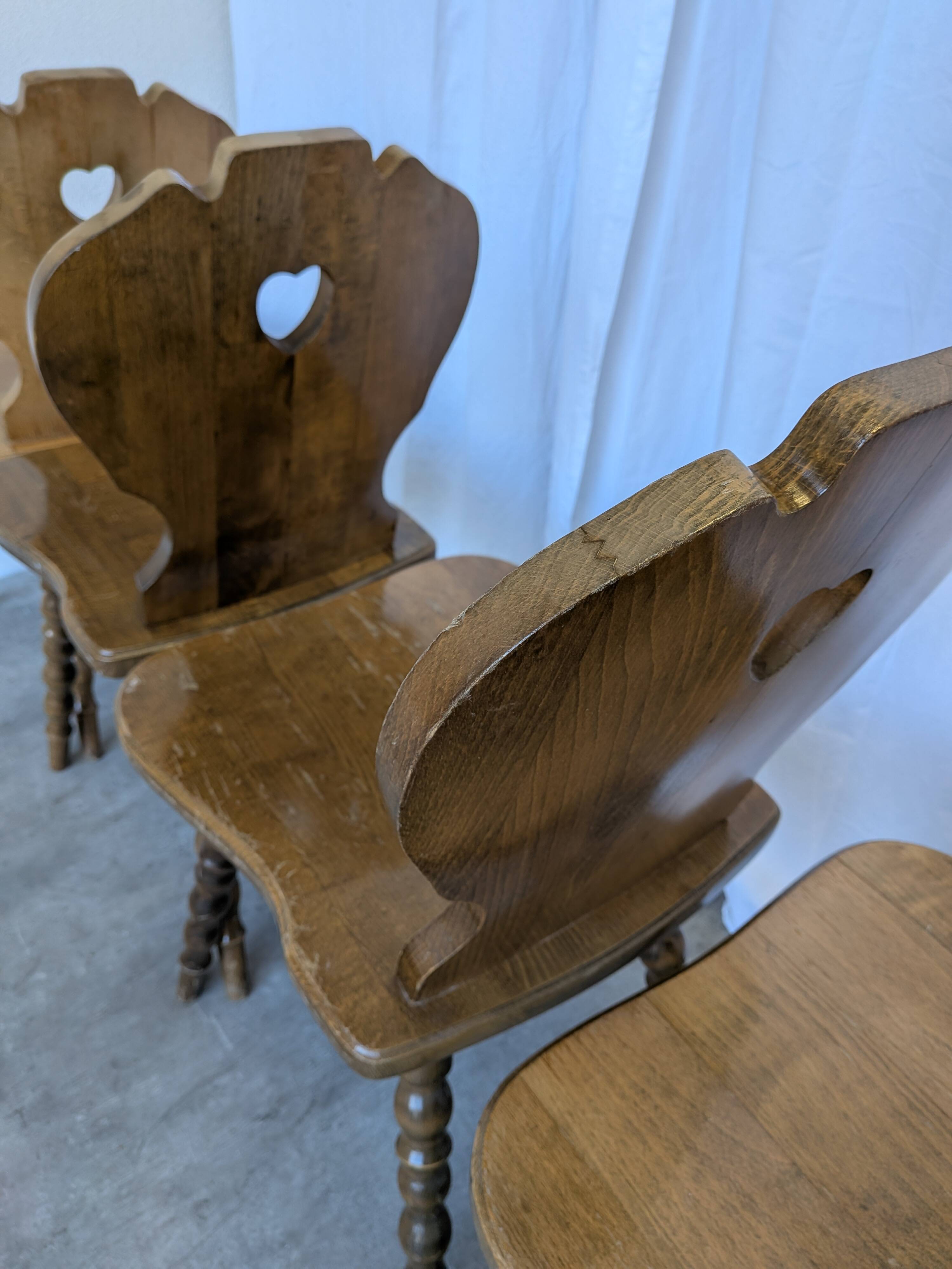 Set of 6 Vintage Tyrolean Heart Cutout Wooden Dining Chairs / Darker Brown