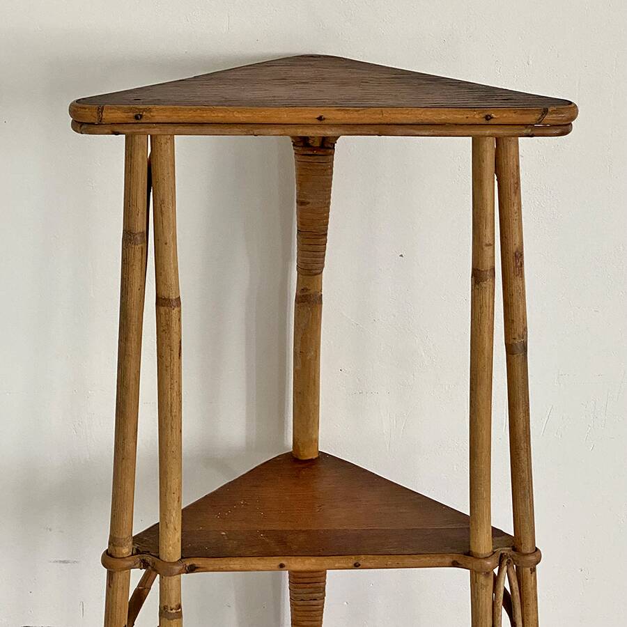 Small vintage rattan corner shelf 60's