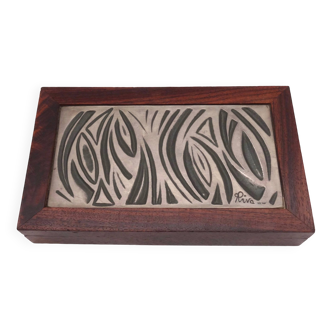 Mid cenury teak & abstract 925 silver mount jewelry case by artist riva italy 1960