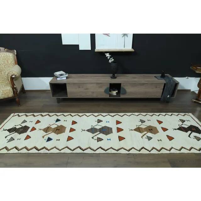 1970s Vintage Turkish Oushak Handmade Wool Cotton White Runner Rug 91x328