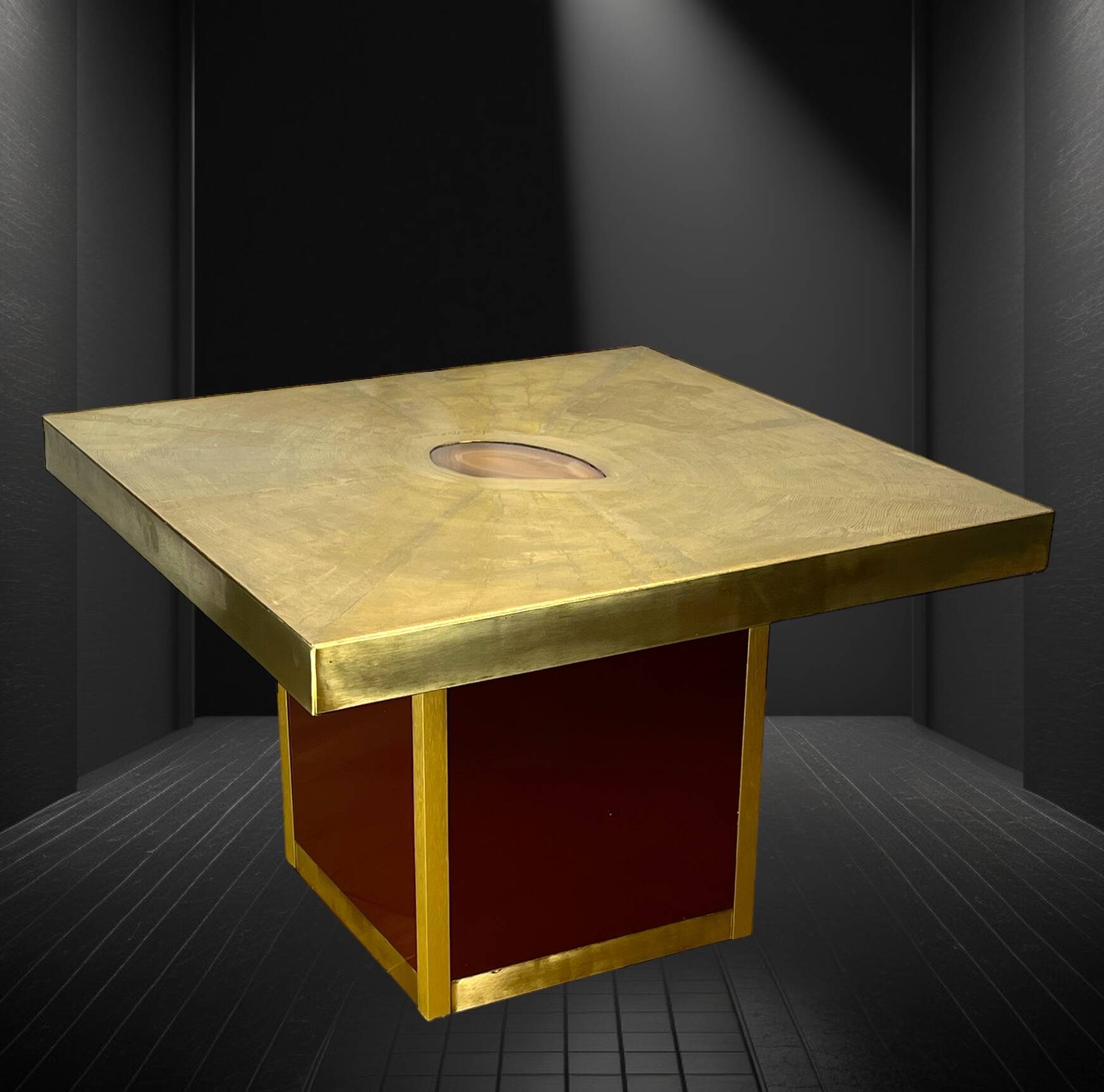 Table basse vintage signé paco rabane des années 70 en laiton gravé et agate