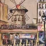 Vintage French watercolour of the Moulin Rouge, in Paris, signed Ch. Vogel, from 1948