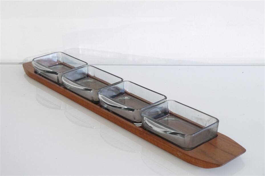 Scandinavian compartmentalized teak and glass tray