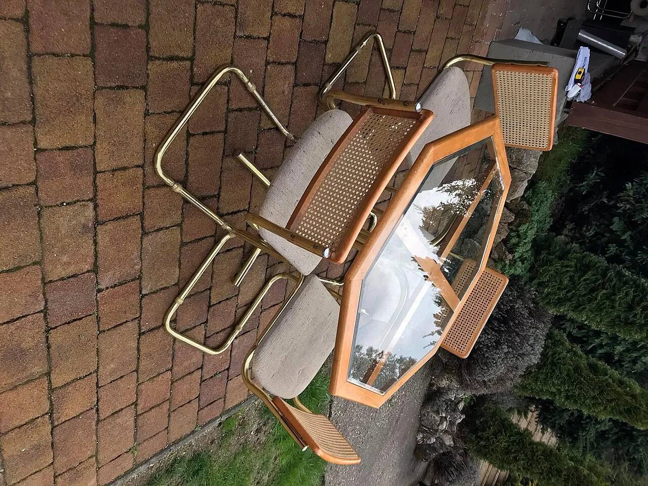 Octagonal brass and glass dining table with 4 chairs, 1960s