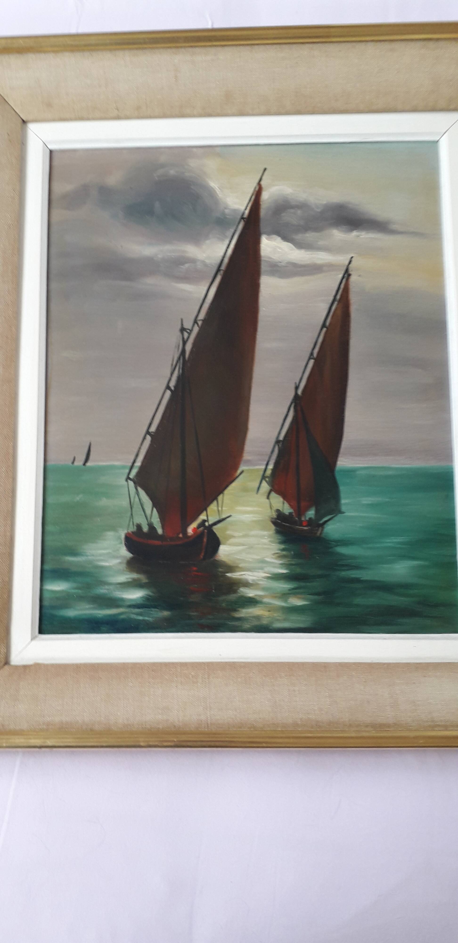 Old oil painting depicting a marine scene