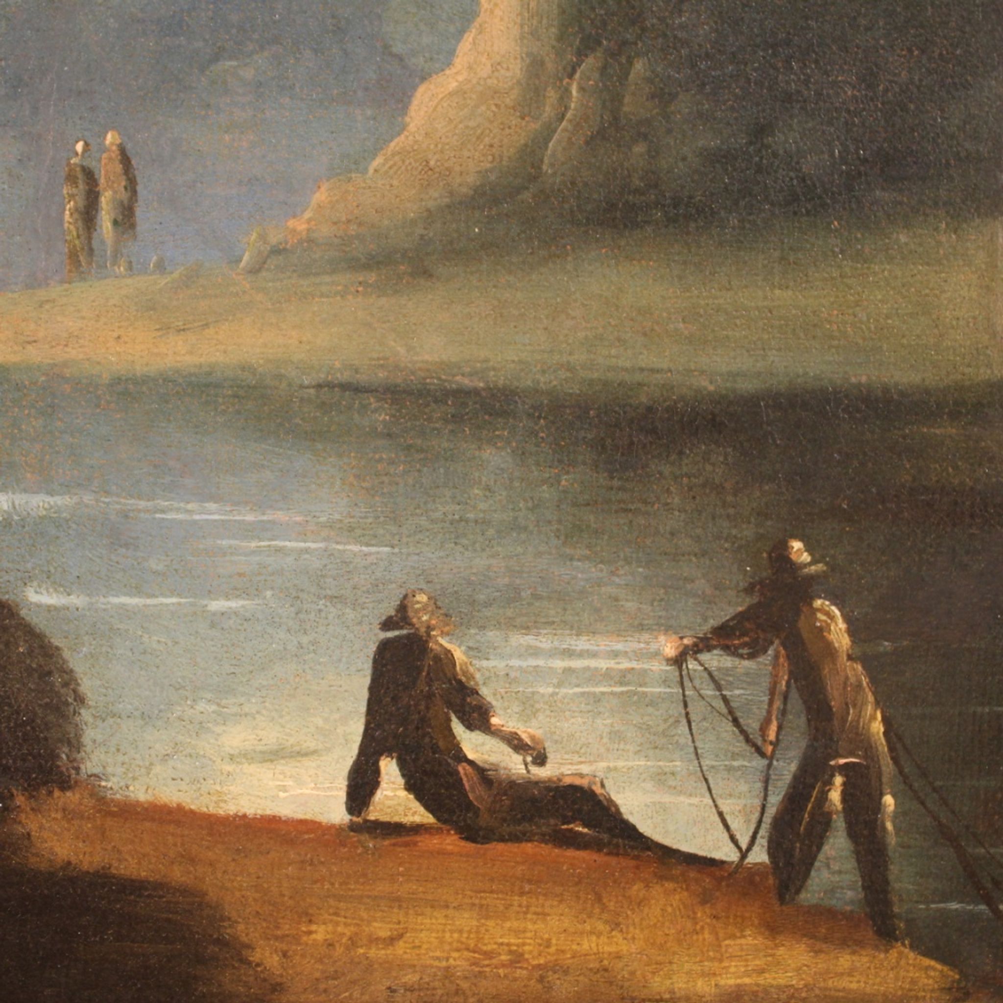 Antique painting river landscape with ruins and fishermen from the XVIIIth century