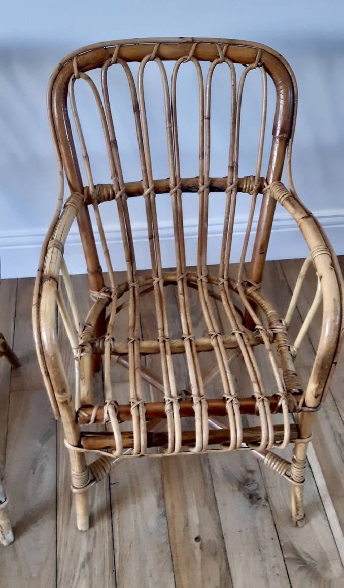 Pair of children's armchairs in rattan / bamboo honey color 60s