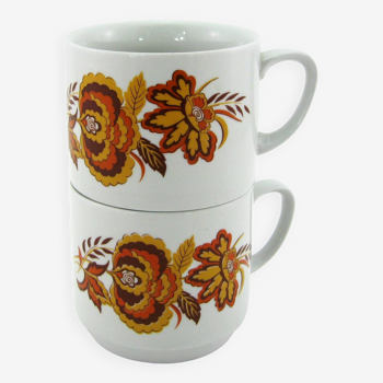 2 grandes tasses Monopoli made in Italy - décor floral orange - vintage années 70