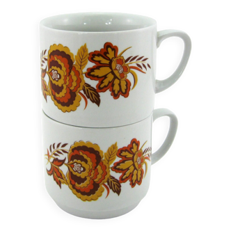 2 grandes tasses Monopoli made in Italy - décor floral orange - vintage années 70