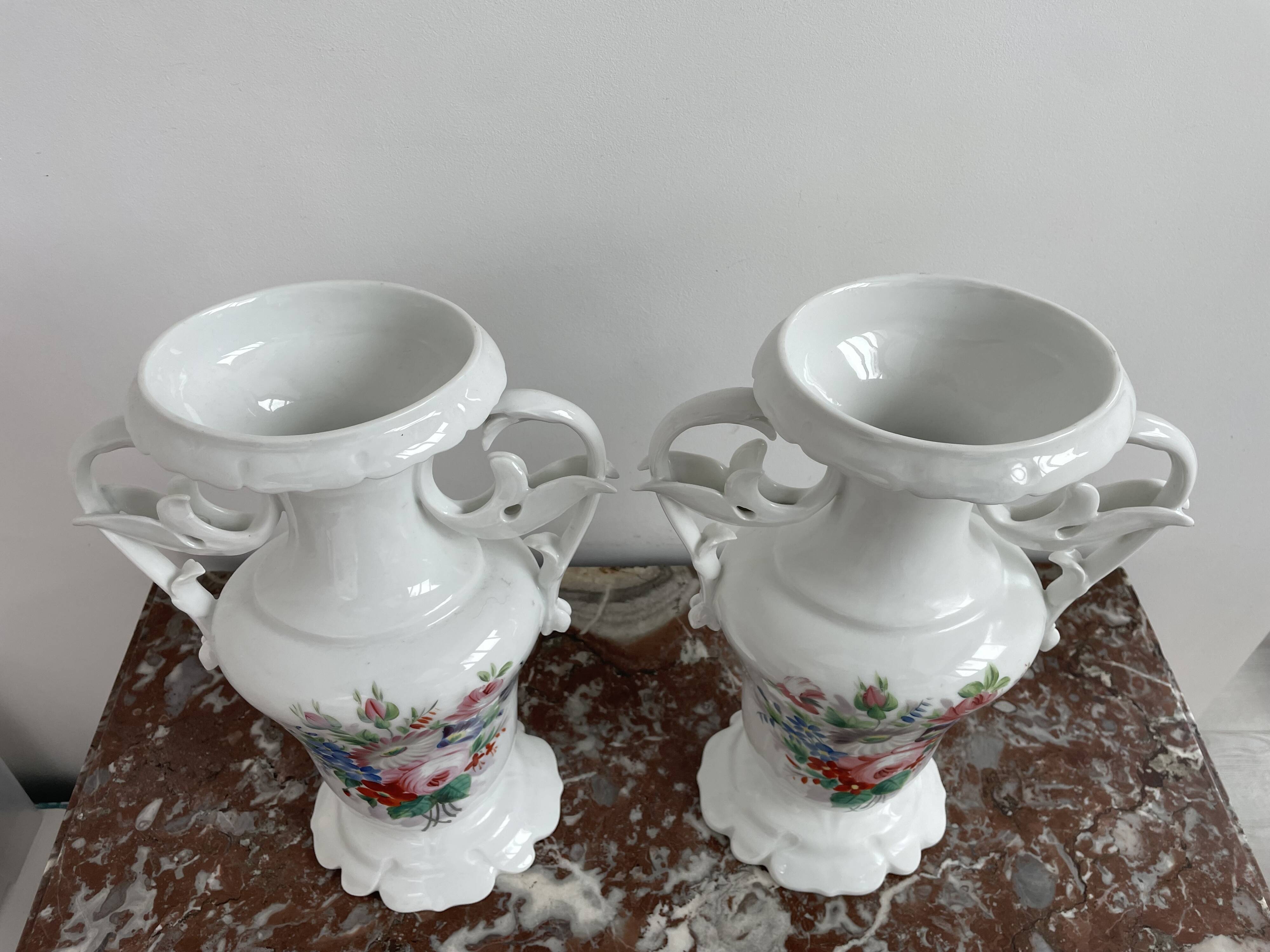 Pair of large 19th century church vases in painted white Paris porcelain