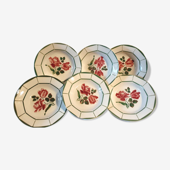 6 hollow plates in faience decor red pinks and green leaves
