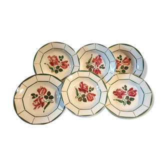 6 hollow plates in faience decor red pinks and green leaves