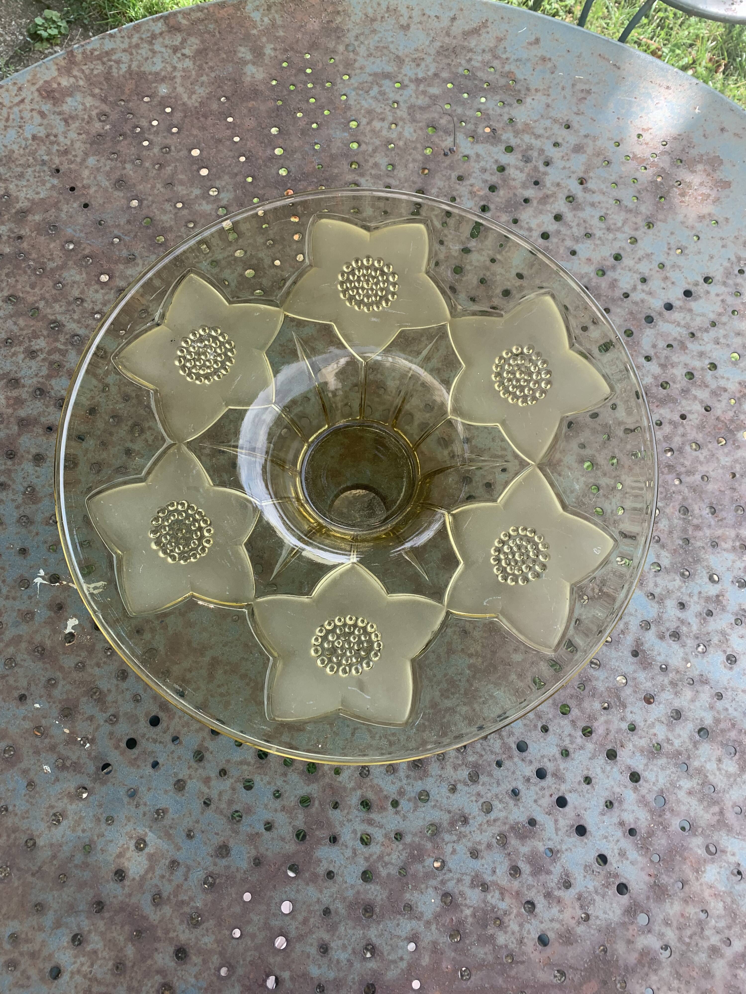 Large glass and frosted glass fruit bowl, yellow, floral pattern