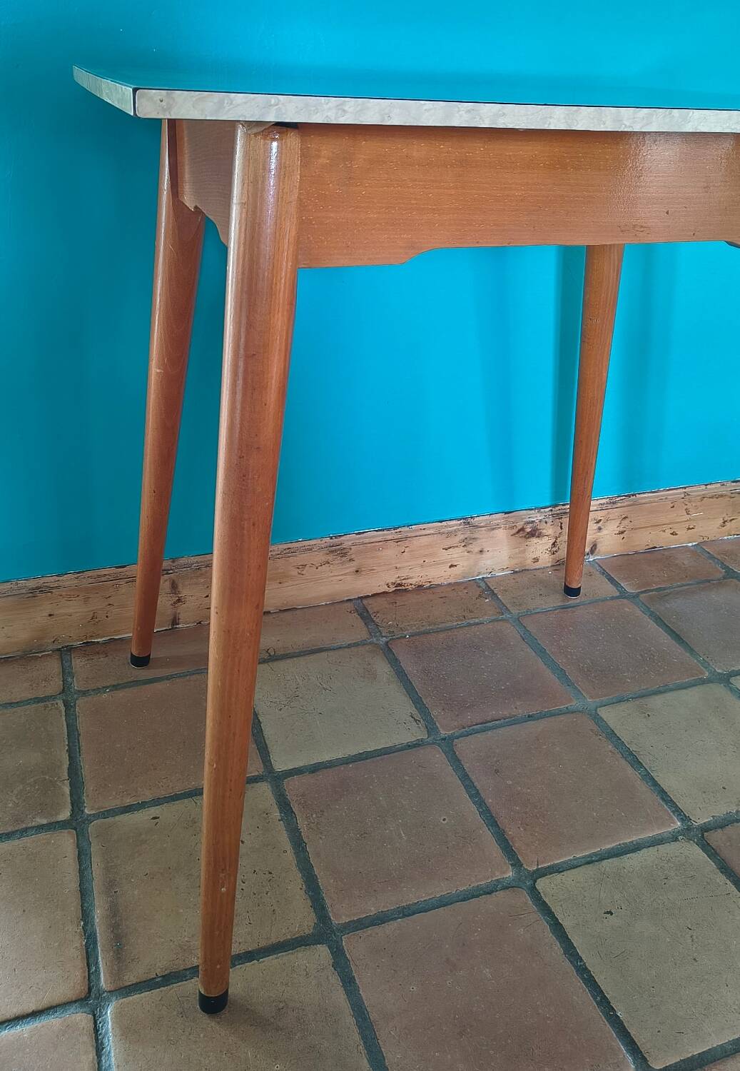 Vintage bistro table with compass legs, formica, beech, 50 x 70.