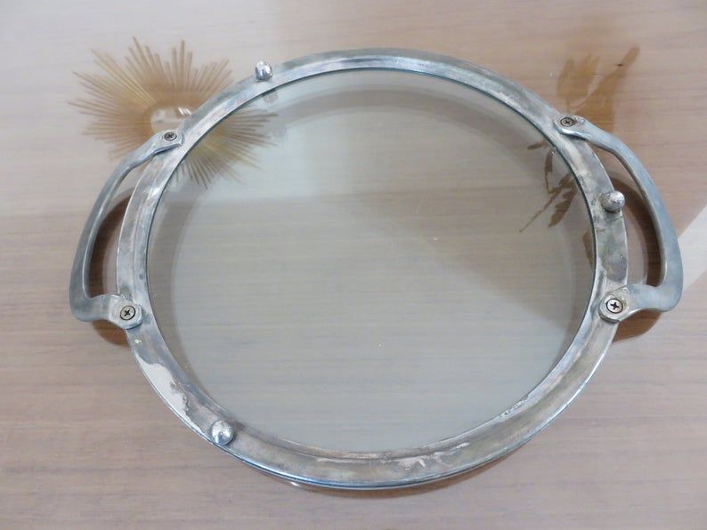 Modernist art deco tray in silver metal and smoked glass 1940s