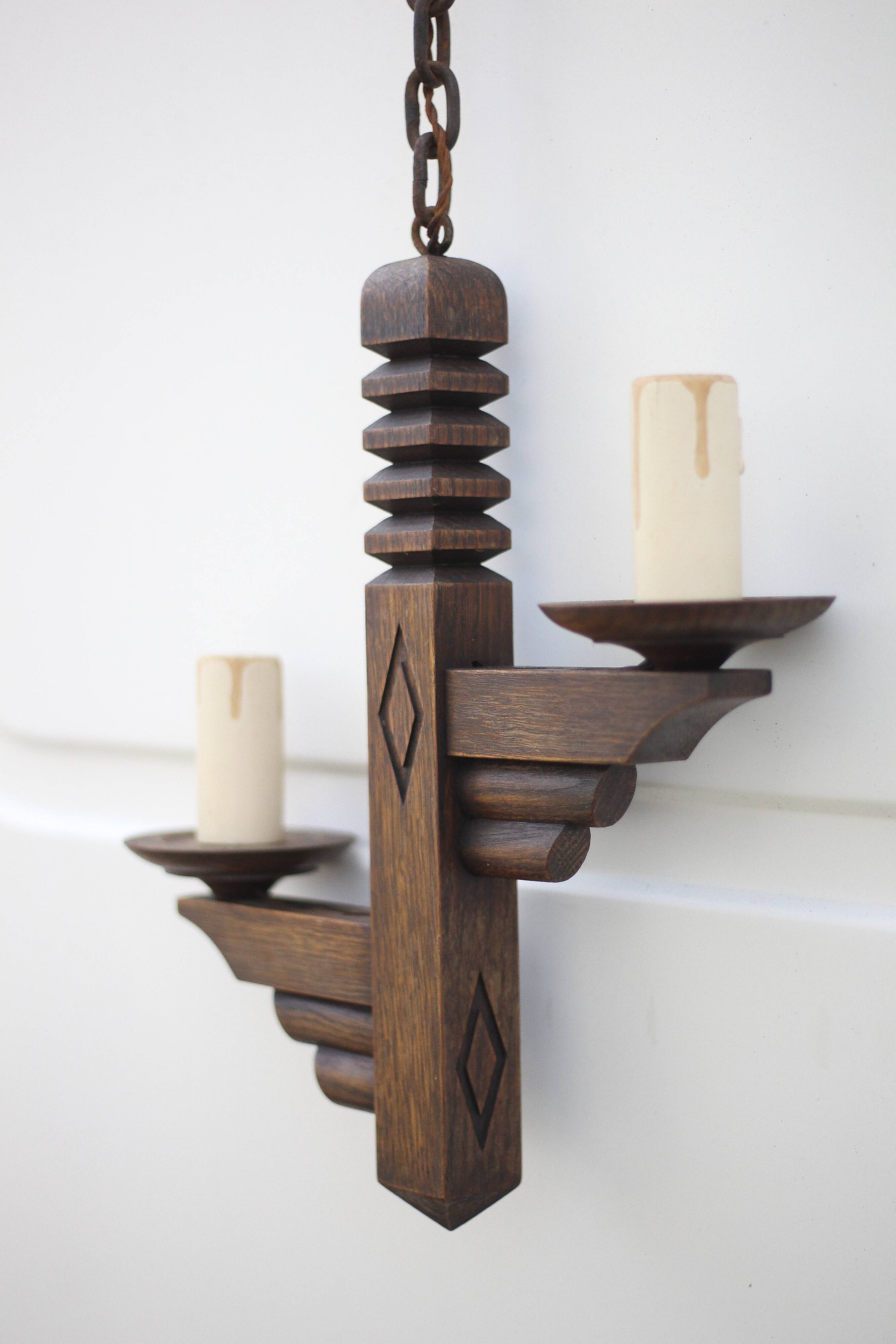 Wooden pendant light, vintage pendant light, 2-light wooden hanging lamp, Gothic