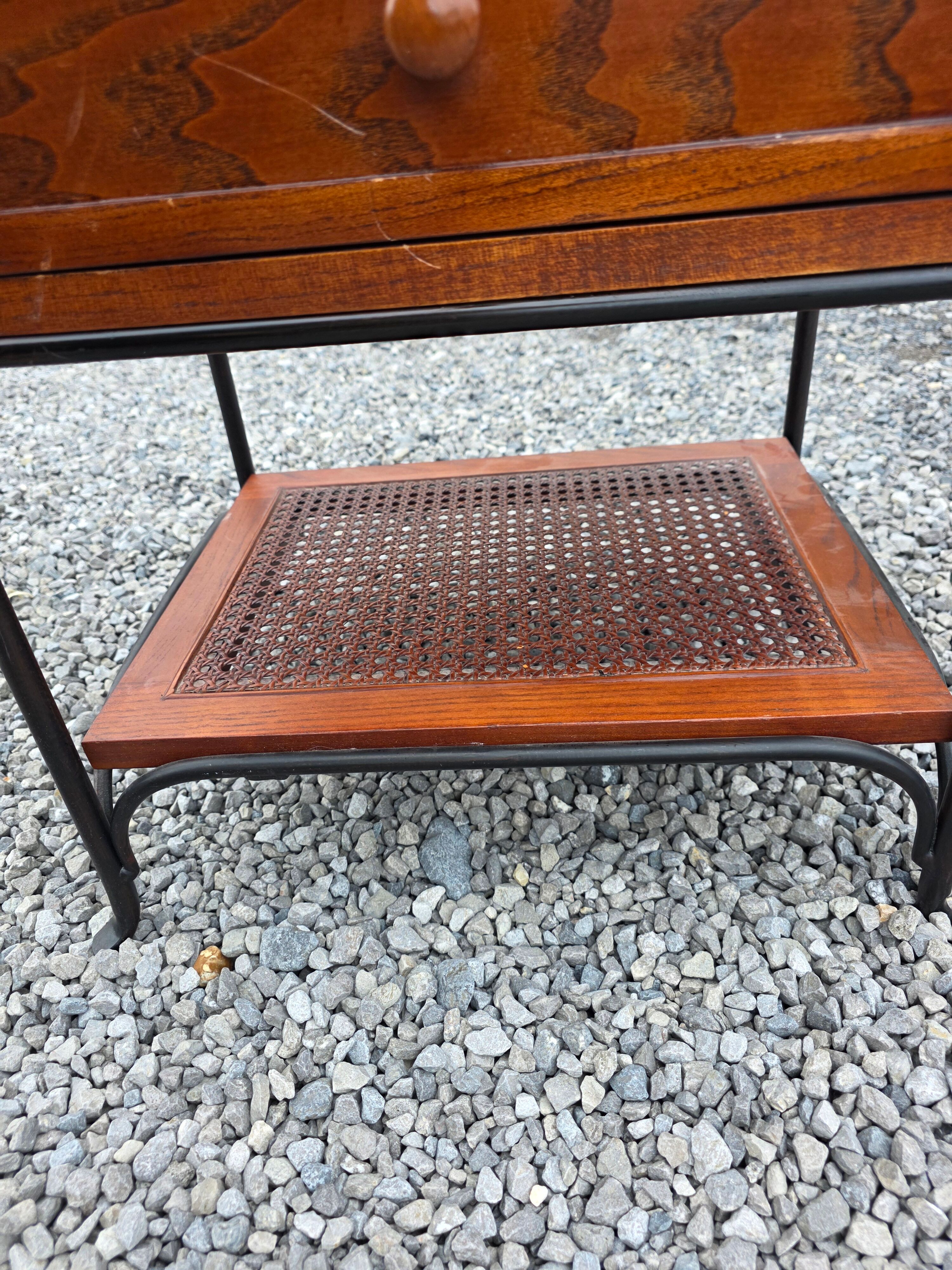 Vintage bedside table in solid oak and wrought iron.