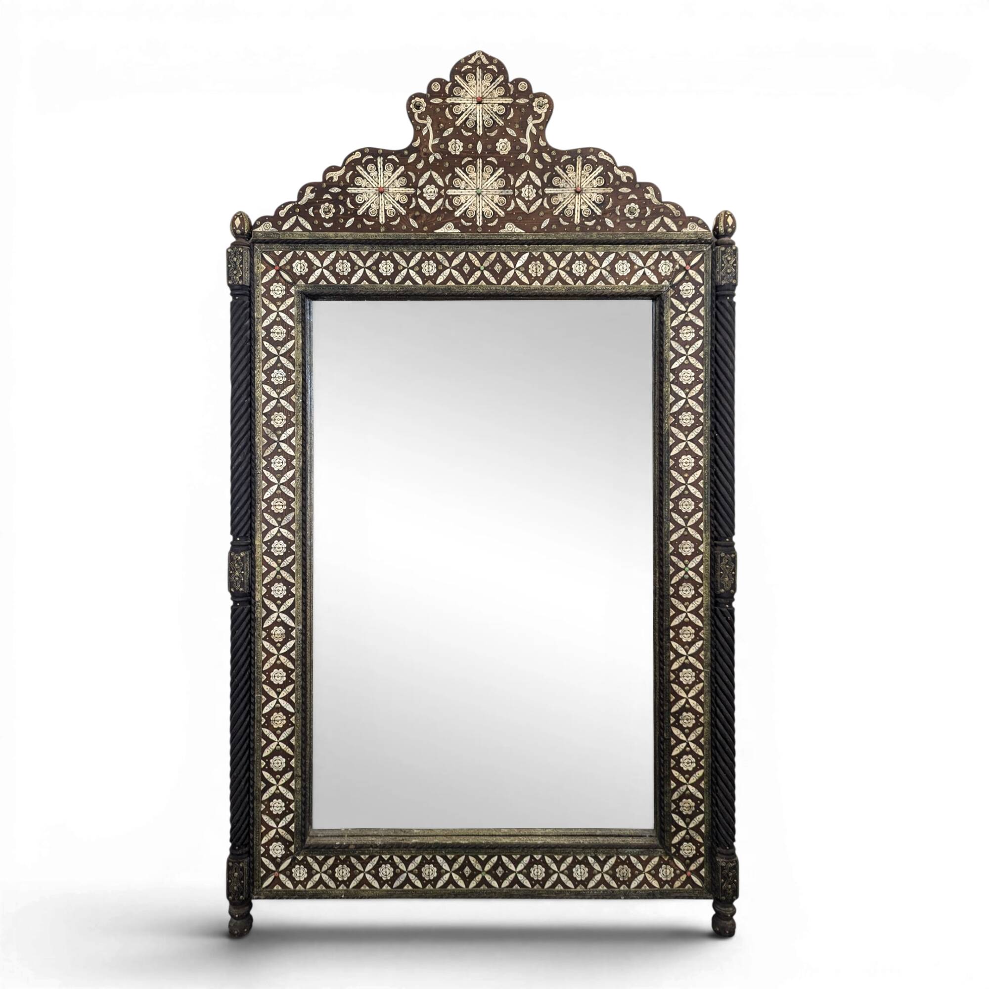Orientalist mirror with bone inlays and hard stone cabochons.