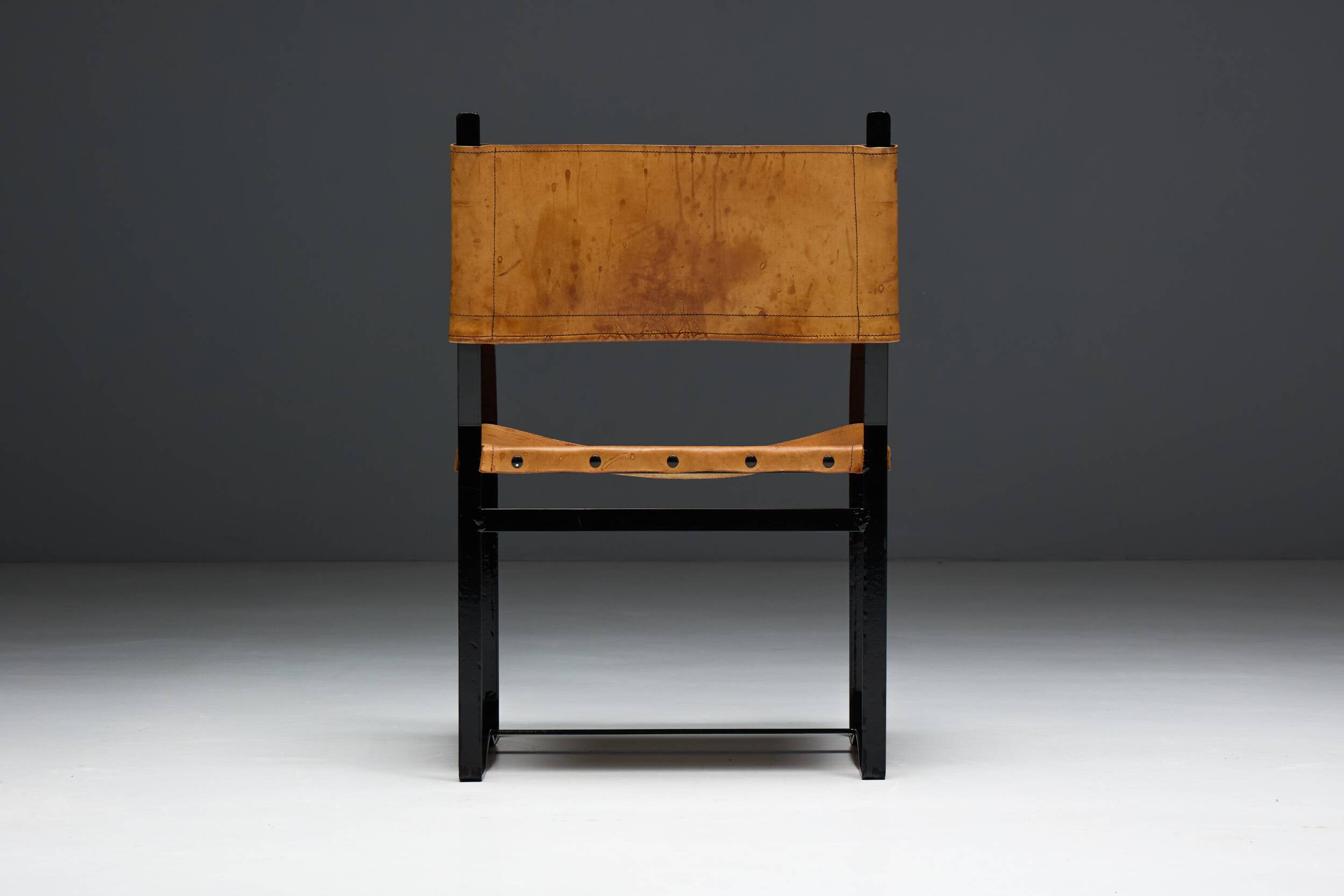 Cognac Leather Armchair, Black Lacquer Steel Frame, Belgium, 1960s