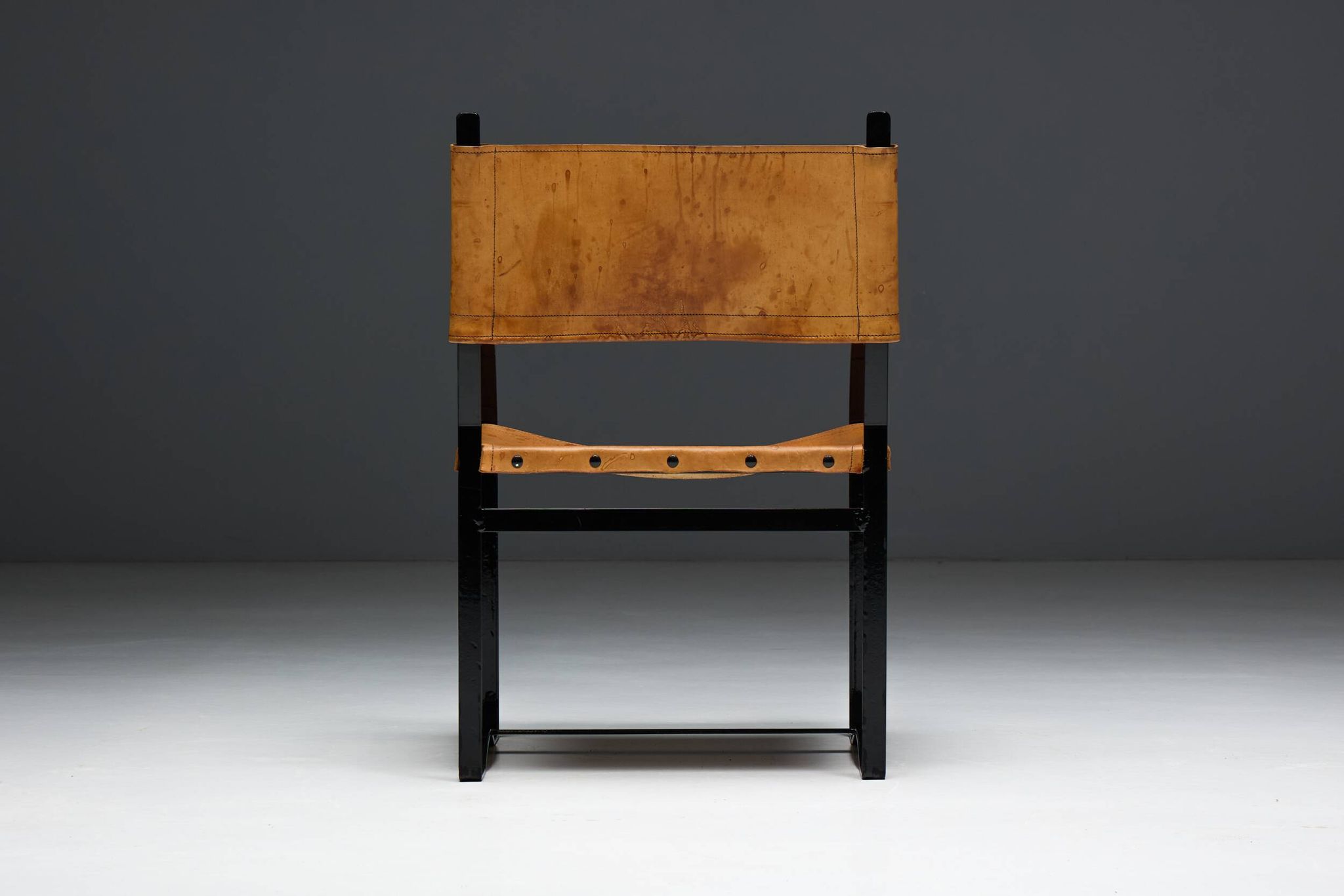Cognac Leather Armchair, Black Lacquer Steel Frame, Belgium, 1960s
