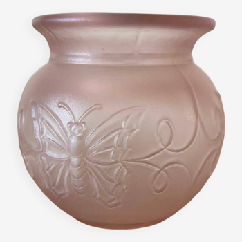 Small vase in pink opaline with butterfly motif