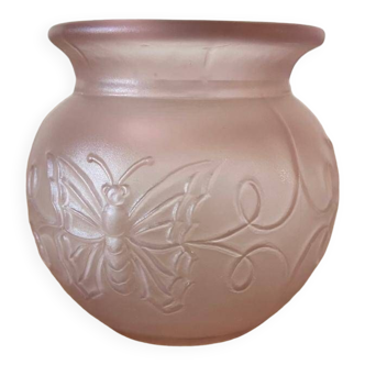 Small vase in pink opaline with butterfly motif