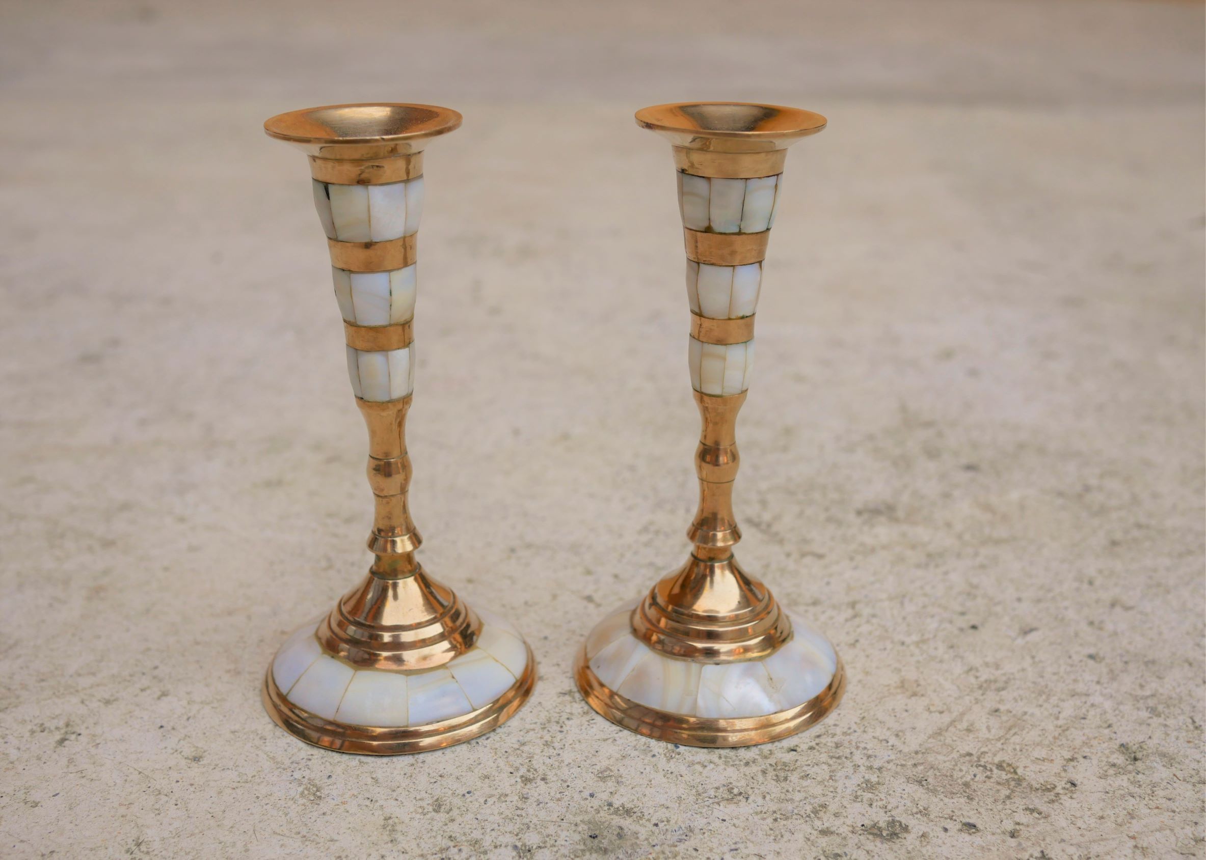 Pair of vintage brass and mother-of-pearl candlesticks