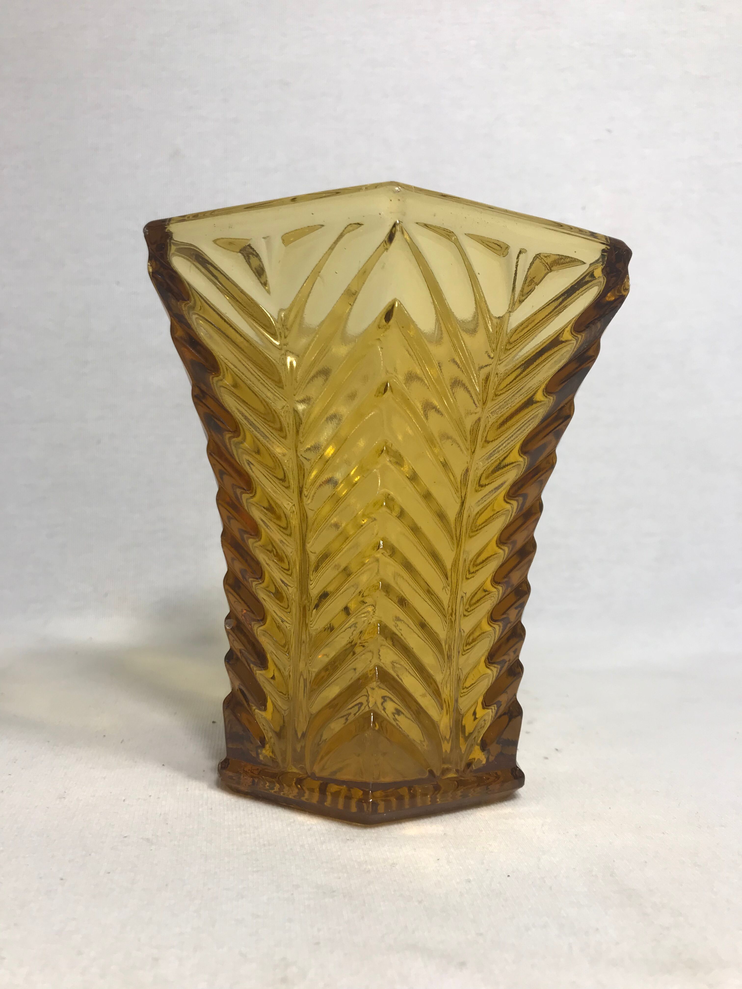Old ART DECO glass Vase Hexagonal yellow Vintage