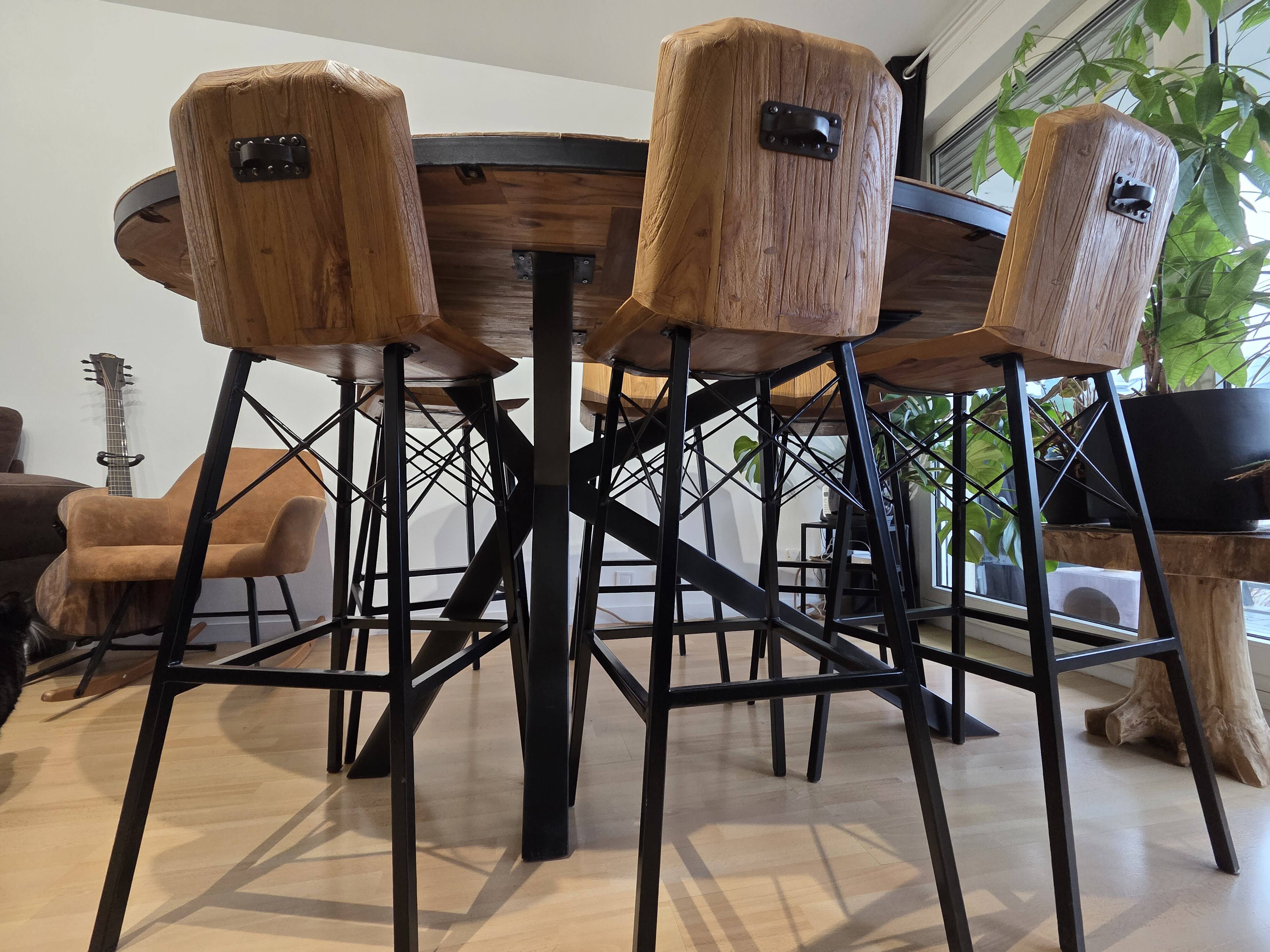 High wooden table + 6 stools – herringbone design