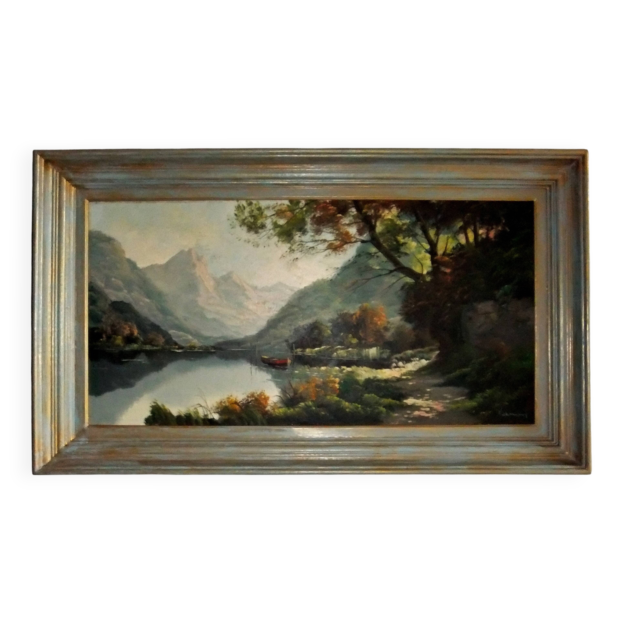 Oil painting landscape signed Vernon Gustavian blue and gold frame