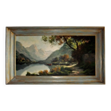 Oil painting landscape signed Vernon Gustavian blue and gold frame