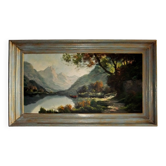Oil painting landscape signed Vernon Gustavian blue and gold frame