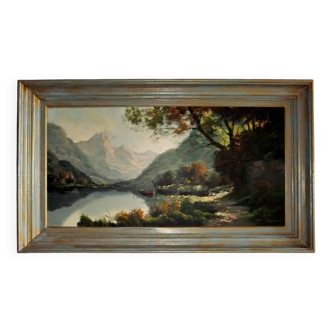 Tableau peinture à l'huile paysage signé Vernon cadre bleu Gustavien et or