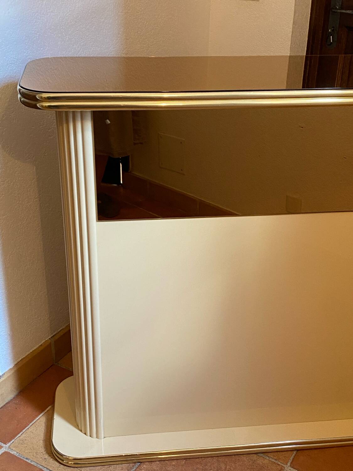 Bar, wooden counter, mirror and brass, 1970s
